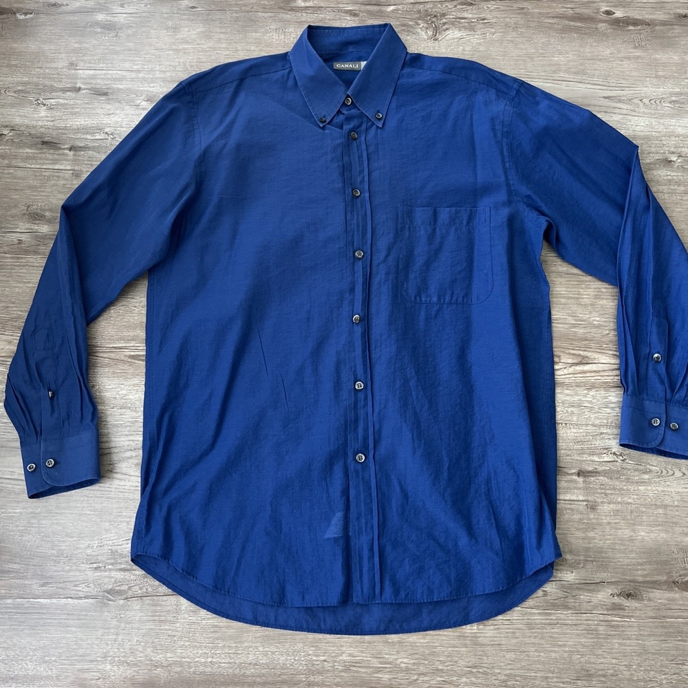 Canali Button Down Shirt Mens Large Deep Blue Italian Luxury Lightweight Poplin